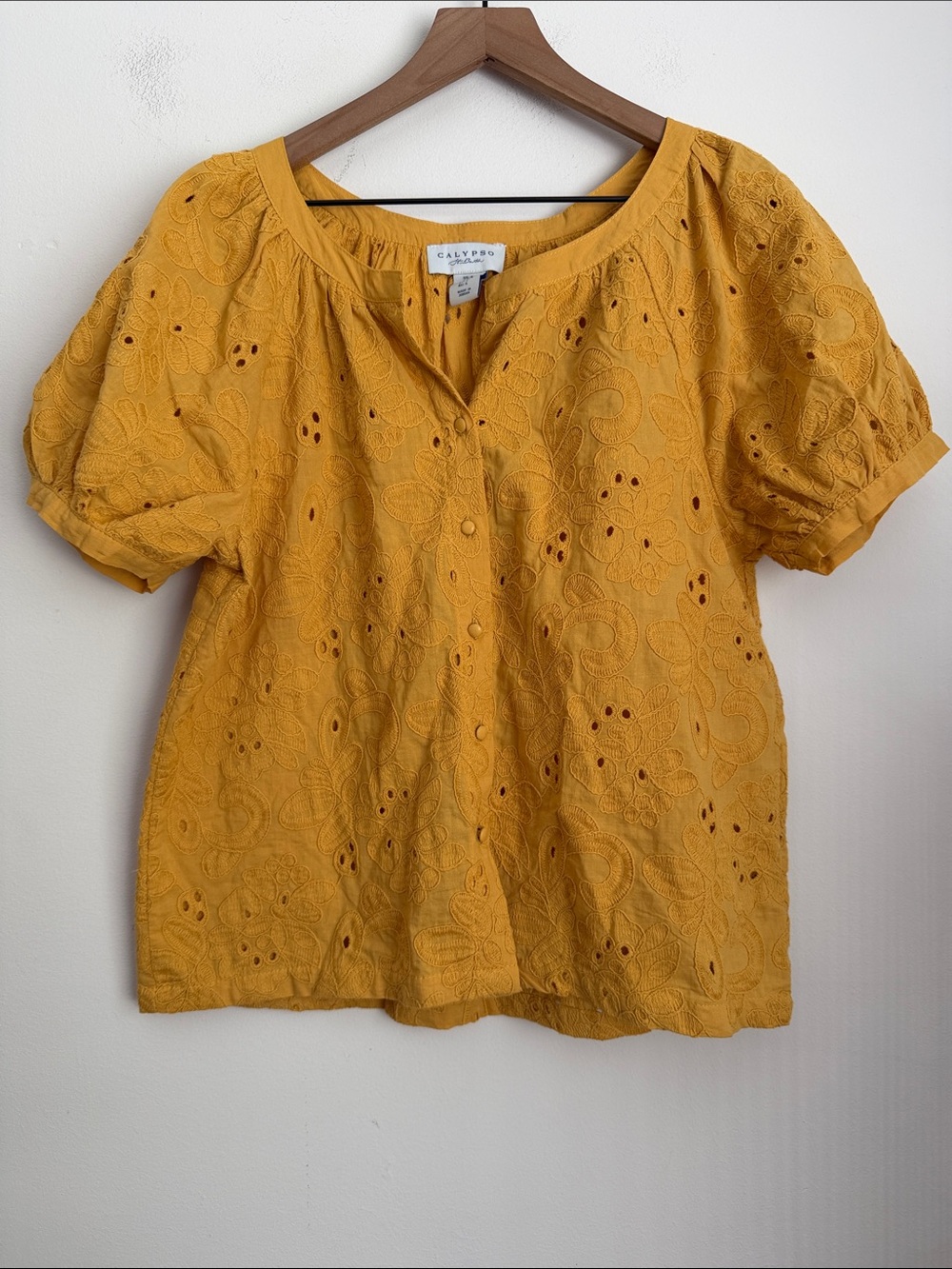 Calypso St Barth Eyelet embroidery Blouse dark Yellow puff Sleeve oversized S